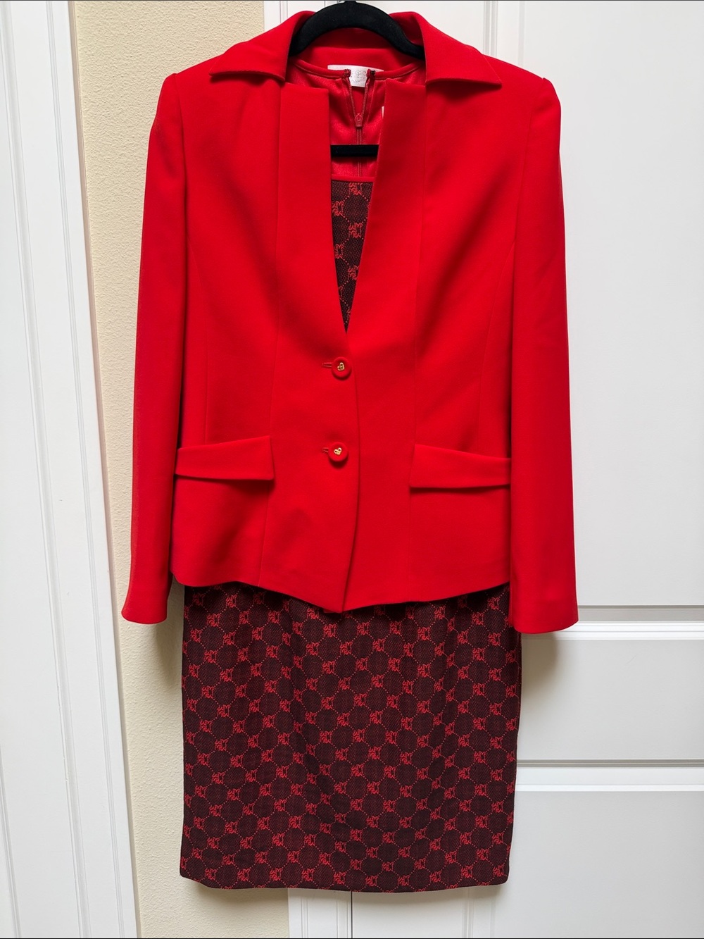 Two-Piece Red Women's Blazer Jacket and Dress set- Classic Tailored Style